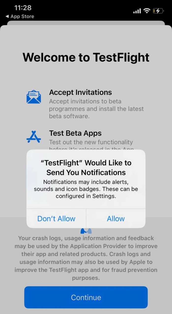 Confirm notifications to stay up to date with the latest TestFlight app news.