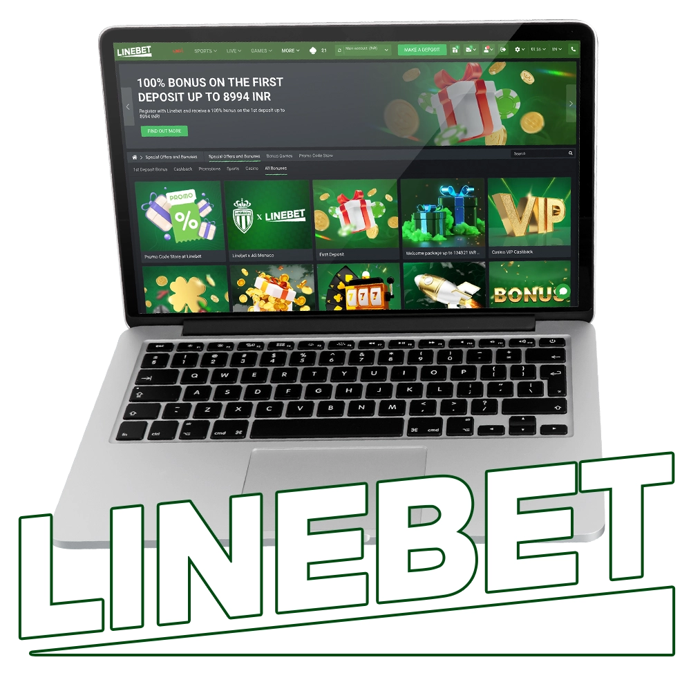 Linebet promotions and bonuses page, showcasing various bonus offers on laptop and mobile