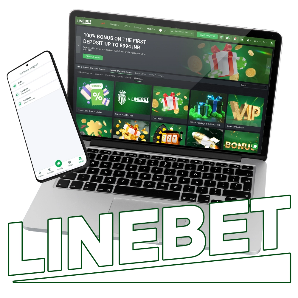 Linebet customer support interface on laptop and mobile, showcasing 24/7 assistance and bonus offers