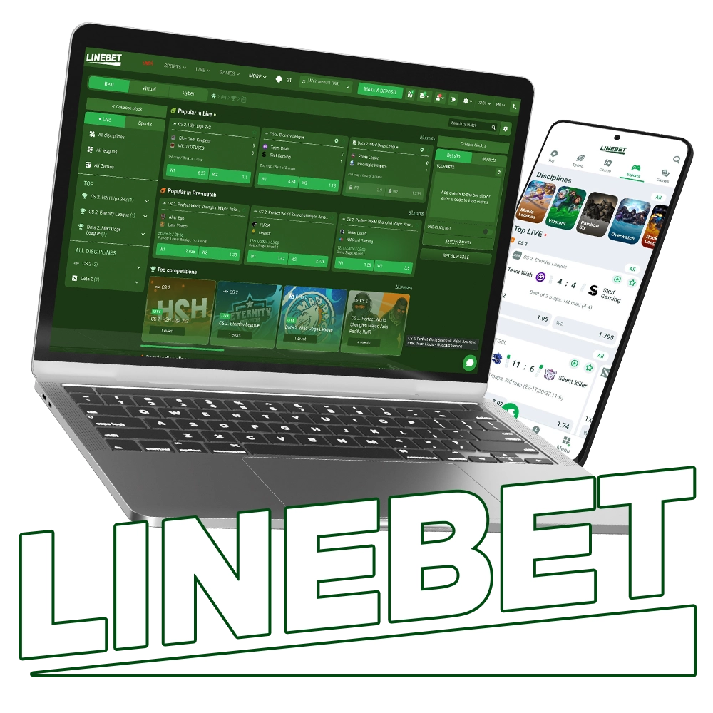 Linebet esports betting platform on laptop and mobile, featuring live esports events and competitive odds