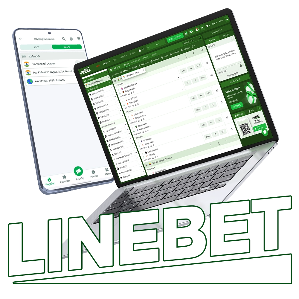 Linebet sports betting platform for kabaddi on laptop and mobile app, displaying live odds and events