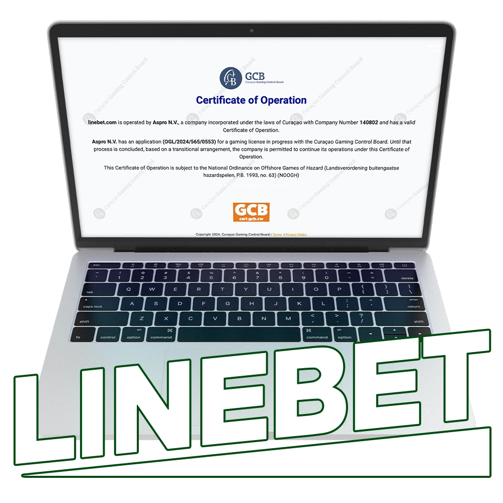 Linebet official licensing information page, showing credentials and regulatory bodies on laptop and mobile