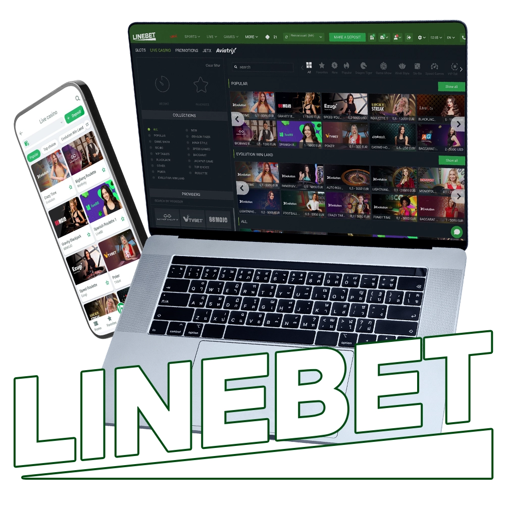 Linebet live casino interface on laptop and mobile, featuring real-time dealer games and chat options