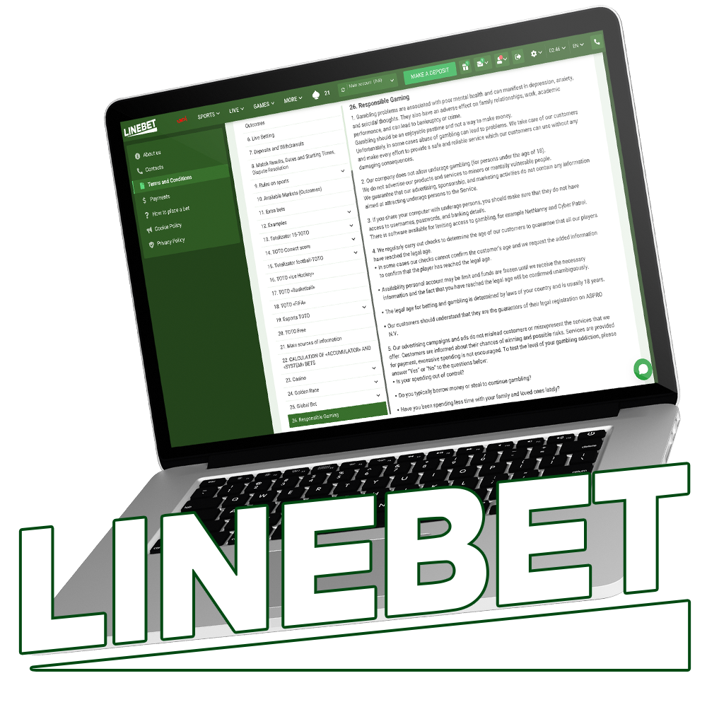 Linebet responsible gaming page on laptop and mobile, outlining tools and policies for safe gambling