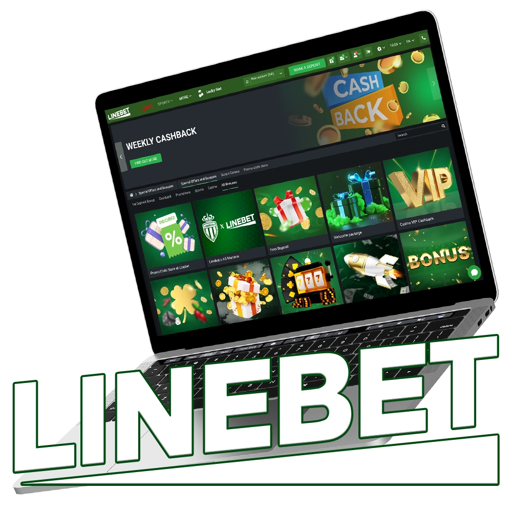 Linebet promotions and bonuses page, showcasing various bonus offers on laptop and mobile.
