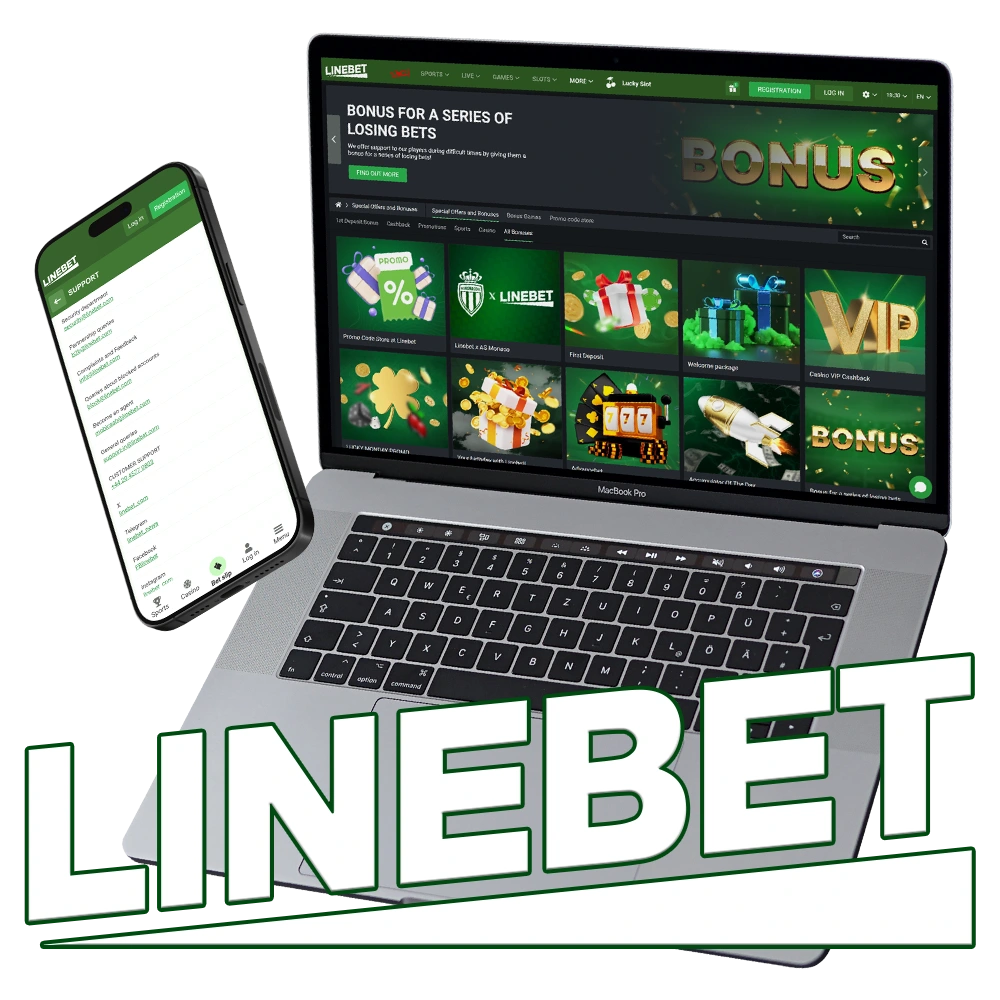 Linebet customer support interface on laptop and mobile, showcasing 24/7 assistance and bonus offers.