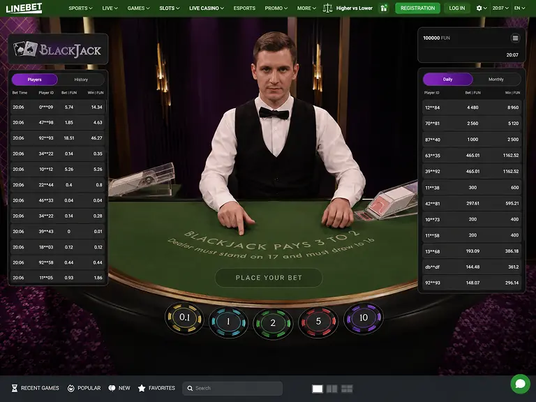 Linebet live blackjack dealer at table